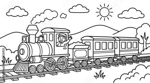 Charming Line Art Depiction of a Cheerful Steam Locomotive Carrying Passengers Through a Sunny Scenic Countryside Landscape Perfect for Children's Coloring Activities and Whimsical Art Projects