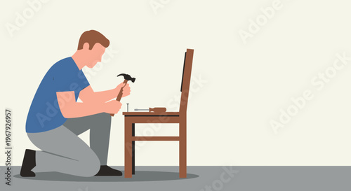 Man Repairing a Wooden Chair with a Hammer, DIY Furniture Maintenance and Home Improvement Concept Vector Illustration