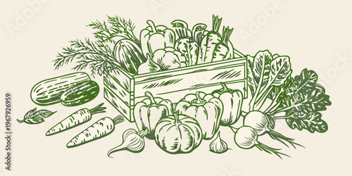 A bountiful collection of freshly harvested vegetables in a wooden crate