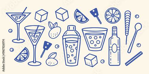 A collection of hand drawn cocktail ingredients and bar accessories
