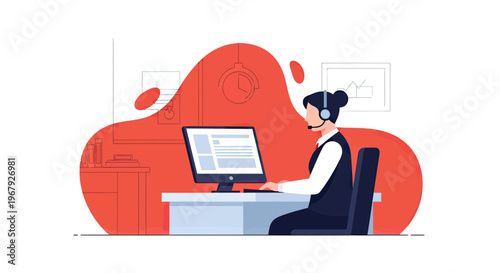 Professional Female Customer Support Agent with Headset Working at a Computer in Call Center Office