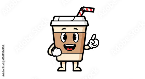 Cute Cartoon Coffee Cup Mascot Character Pointing Up, Vector Illustration of a Disposable Takeaway Coffee Mug with Straw Isolated on White Background