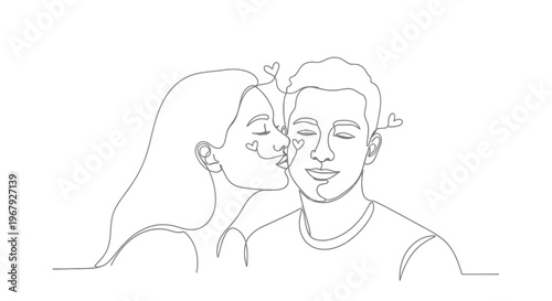 Minimalist continuous one line drawing of a young woman kissing a man on the cheek, romantic couple in love with heart symbols, vector illustration for Valentine's Day concept.