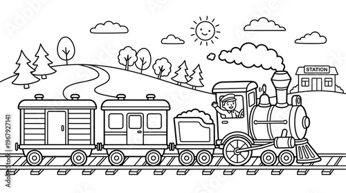 Whimsical Line Art Depiction of a Classic Steam Locomotive Train with Carriages Traveling Through a Cheerful Countryside Landscape Under a Smiling Sun Perfect for Children's Coloring Activities and Ed