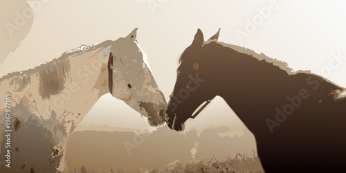 Two horses nuzzle closely heads touching in a soft muted scene