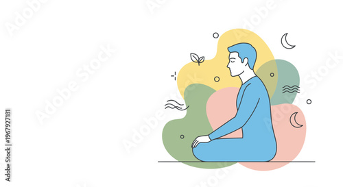 Man Practicing Meditation and Mindfulness in Sukhasana Yoga Pose for Mental Health Wellness Illustration