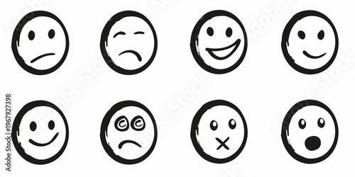 Collection of hand drawn facial expressions depicting various emotions