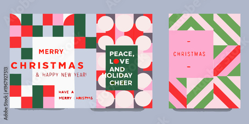 Festive christmas card designs with geometric patterns and holiday greetings