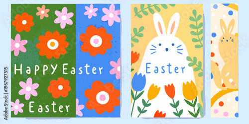 Colorful easter illustrations with flowers bunnies and festive greetings