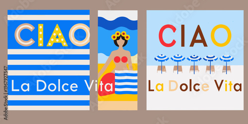 Three colorful panels depict italian summer scenes and text