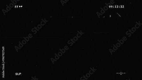 Fast forward VHS overlay with retro VCR interface, static noise, scanlines, and analog glitch distortion. 4K video resolution on black background. 