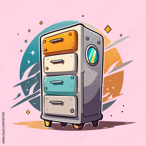 professional gray filing cabinet with colorful drawers and planetary accents for a creative office space and organized document storage in cartoon style