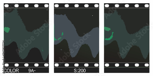 Film strip showing three abstract images with green and dark tones