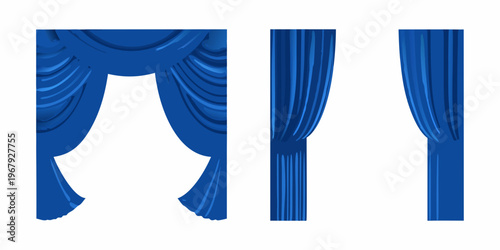Three views of a draped royal blue curtain design element
