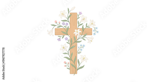 Symbol of Hope and Renewal A Wooden Cross Adorned with Delicate Easter Lilies and Spring Blossoms Representing Faith Resurrection and Divine Grace for Religious Celebrations and Spiritual Art.