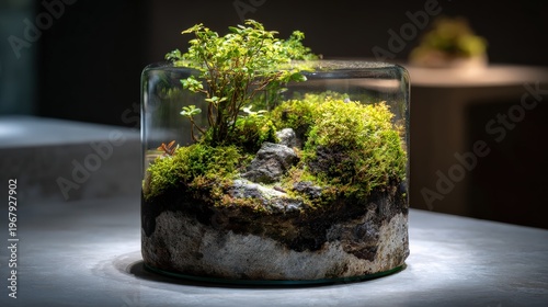 Vibrant miniature ecosystem in glass container with lush greenery and textured stones