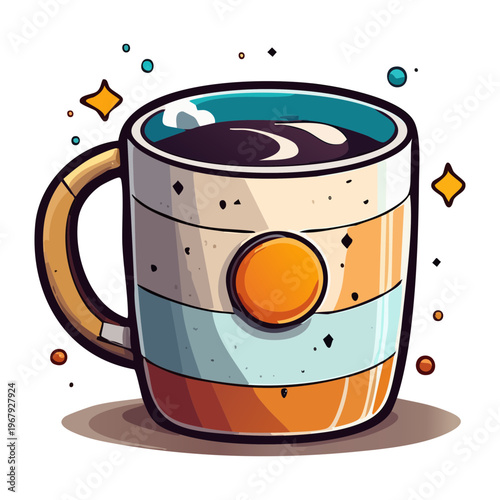 Artistic coffee mug with blue and orange stripes and circular sun emblem for creative office beverage branding and morning routine graphic design projects