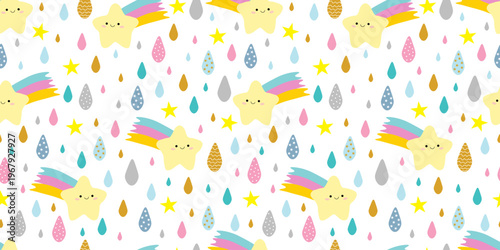 Childrens cute seamless pattern. Fun mood, environment. Fun star and colorful raindrops. For textiles, packaging, wallpapers, backgrounds, or websites. Cartoon vector design.