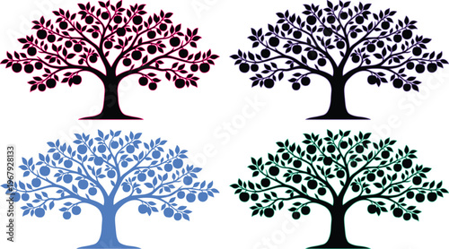 Stylized fruit tree silhouettes, a vibrant collection of four colorful apple tree vectors. Botanical orchard illustrations, perfect for nature-themed designs and healthy eating concepts.