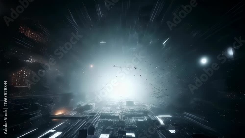 Dark industrial sci-fi interior. Corridor with metallic debris and fragments floating in the air, creating a dramatic sense of destruction and energy