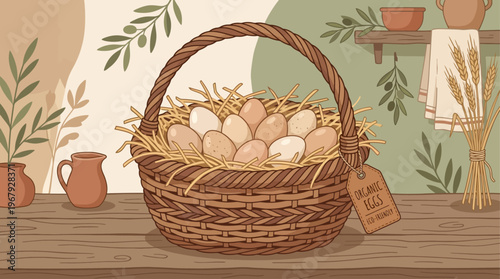 Artistic Depiction of a Rustic Woven Basket Overflowing with Farm Fresh Eggs Amidst Natural Elements Evoking Homemade Goodness and Wholesome Nourishment for Healthy Eating and Country Kitchen Aestheti