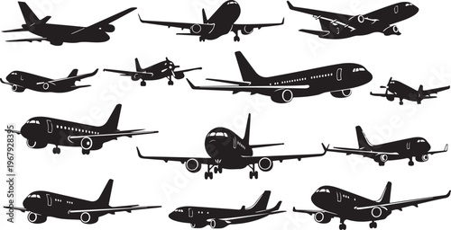 Collection of various airplane silhouettes in flight and on ground