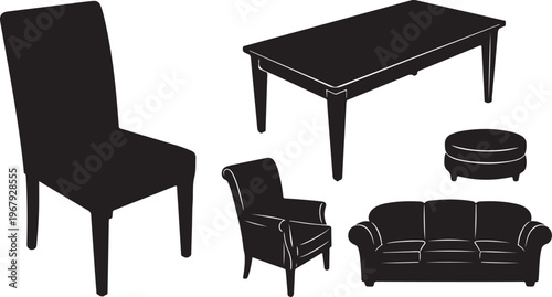 Furniture set with chair, table, sofa, and ottoman silhouettes
