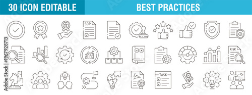 Collection of best practices icons. Business, workflow, training, success, strategy, quality, product. Vector template editable stroke EPS 10.
