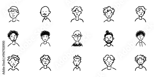 Diverse Male Faces In Hand Drawn Style Set. Expressive Character Portraits Doodle Sketch Collection. Variety Of Hairstyles And Expressions. Isolated Vector Illustration