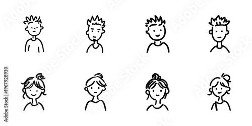 Male And Female Avatar Icons In Hand Drawn Style Set. Diverse Facial Expressions And Hairstyles Doodle Sketch Collection. Character Design Elements. Isolated Vector Illustration