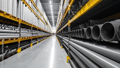 Symmetrical warehouse aisle storing organized industrial pipes efficiently