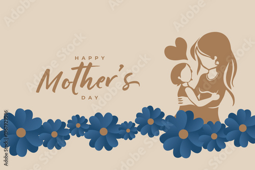 happy mothers day event poster with mother and child. Elegant Happy Mother's Day Greeting Card Banner with Mother and Child Silhouette and Blue Floral Border