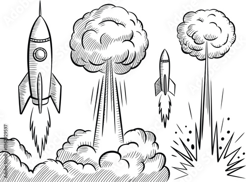 rocket, launch, explosion, lineart, sketch, handdrawn, smoke, clouds, missile, motion, comic, ink, style, dramatic, vector, illustration, graphic, design, black, white, silhouette, outline, minimal, m