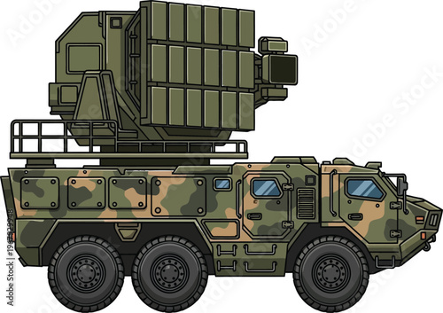 Camouflaged missile launcher vehicle with multiple wheels and radar military vehicle