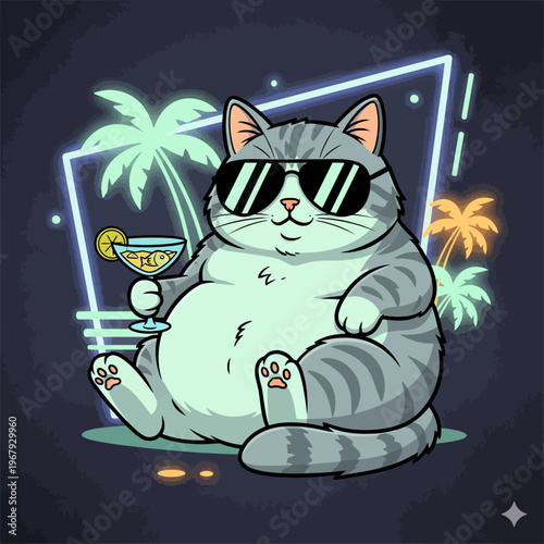 chubby cat in sunglasses holding cocktail vector illustration
