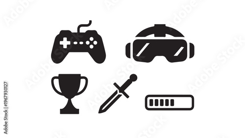 Gaming and Esports Vector Icons Featuring Controller Trophy VR Headset and Sword