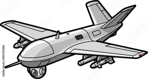 Gray unmanned aerial vehicle with missiles and camera drone aircraft military