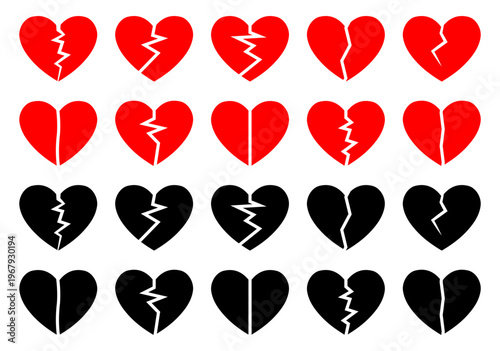 Broken Heart Icons Set Red and Black Heartbreak Symbols Separation and Divorce Vector