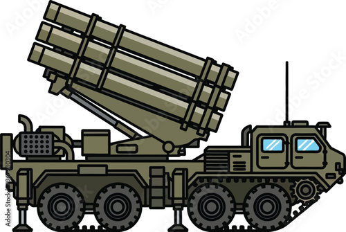 Military rocket launcher vehicle with multiple tubes artillery