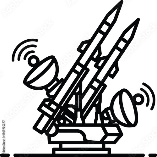 Missile launcher with radar dishes and signal waves rocket satellite dish