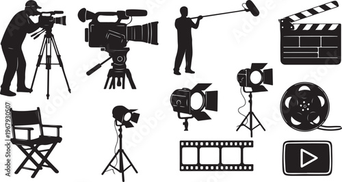 Film production equipment and crew silhouettes on white background