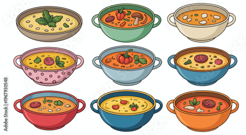 Various bowls of soup vector set, flat illustrations featuring different types of soup with assorted ingredients, perfect for culinary, restaurant, and food-themed design projects.