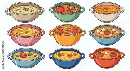Soup bowls illustration collection, vector graphics showing diverse soups with vegetables, meat, and noodles, ideal for menus, recipe books, and cooking apps.