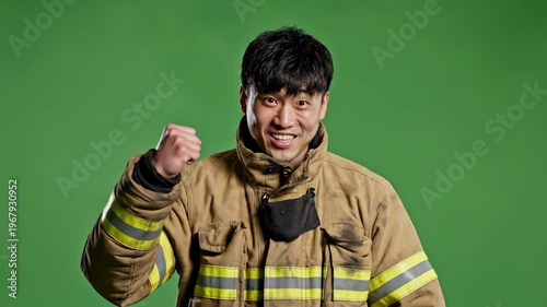 Smiling firefighter in uniform against green background