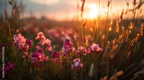 A serene field of pink flowers blooms vibrantly during a breathtaking sunset in a natural outdoor setting with warm sunlight.