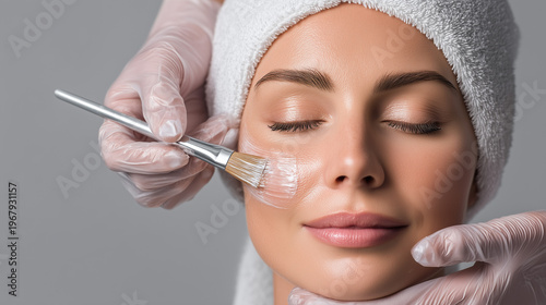 A woman receiving a facial treatment with a brush applying cream to her face by a gloved technician in a spa