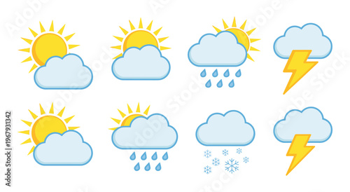 Flat weather vector icons, set of symbols for temperature, precipitation, and atmospheric conditions, perfect for mobile apps, websites, and educational materials.