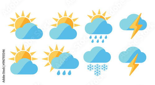 Weather icons set, vector illustrations representing sun, clouds, rain, snow, storms, and wind, suitable for apps, websites, forecasts, and meteorology design projects.