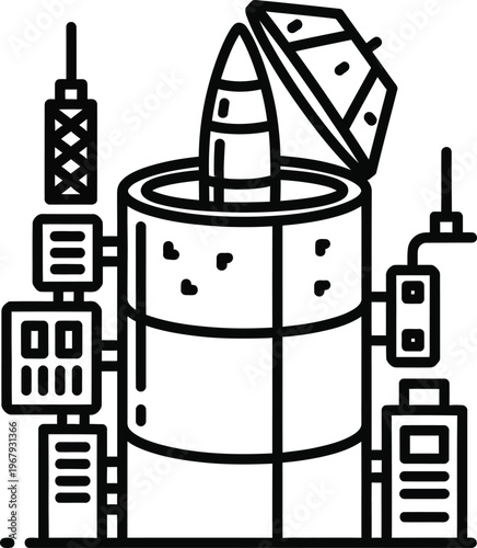 Rocket launch pad with control towers and satellite dish launchpad space