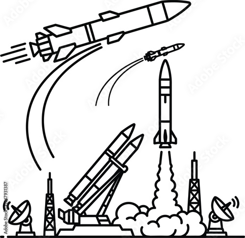 Rocket launch with multiple missiles and radar dishes space technology